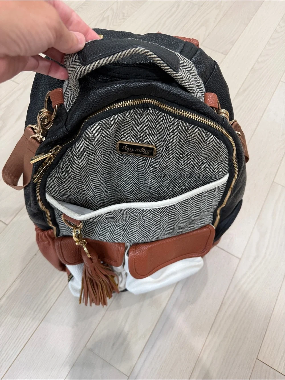 Itzy Ritzy Black, White & Brown Herringbone Diaper Backpack